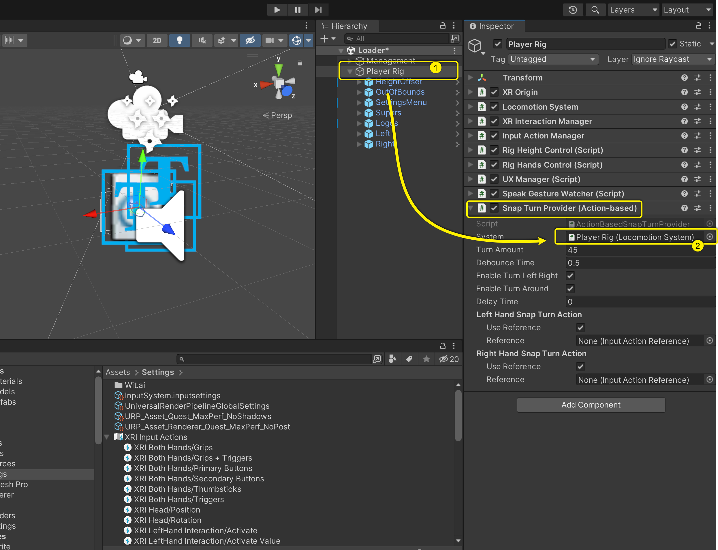 Screen shot explaining to add Player Rig in Hierachy to System field in Snap turn provider.