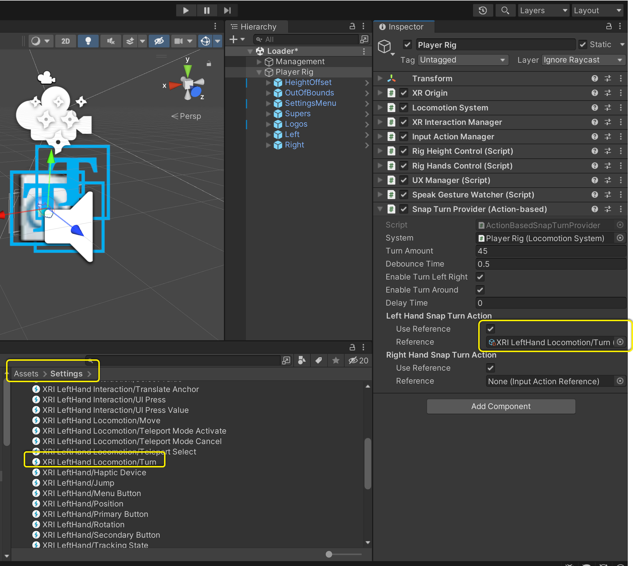 Screenshot of checking User Reference under snap turn provider and passing LeftHand locomotion turn picked from settings under assets.