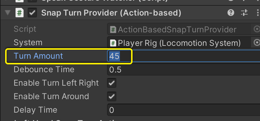 Screenshot of turn amount input field under snap turn provider to specify the number of degrees as 45.