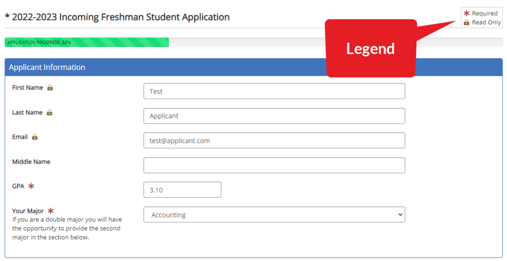 Screenshot of form that shows a box with "legend" pointing to the legend with a red asterisk followed by "required" and a gold lock followed by "Read Only." The lock next to last name indicates "This is a read only field."