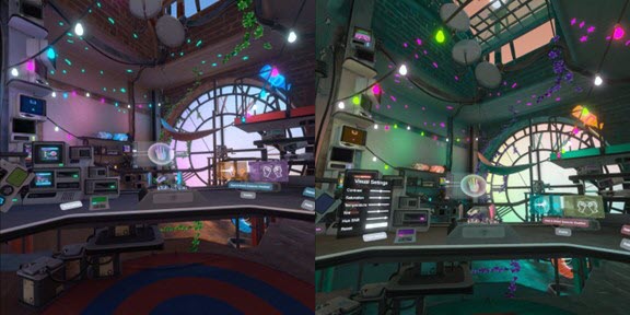 Default colorful scene of a room filled with computers next to image of same room with hue shift applied to reduce reds to look more green