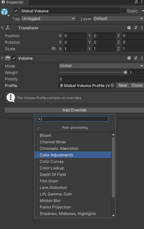Inspector interface with Add Override list and Color Adjustments selected