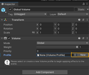 Inspector tab with New button highlighted next to Profile for Volume