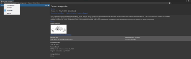 Interface of unity while importing the Oculus Integration package.