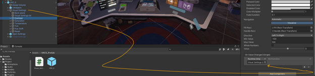 Drag and drop the visual setting script to the on value change component of the slider.