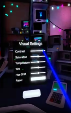 App display settings for contrast, saturation, temperature, tint, hue shift, and reset.