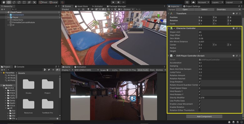Screenshot showing required components, Character Controller and OVR Player Controller script added to the “Player” prefab object.
