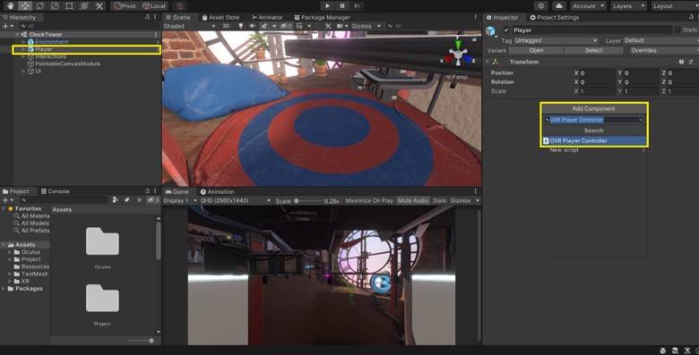 Screenshot of adding “OVRPlayerController” component to the “Player” prefab object.