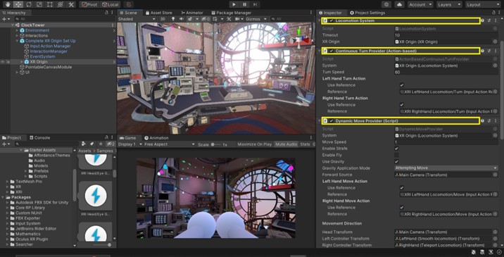 Screenshot showing that components of XR Origin - Locomotion System, Continuous Turn Provider, Dynamic Move Provider are checked for direct motion functionality.