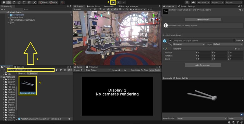 Screenshot shows Complete XR origin setup prefab in the project window. Then, arrow shows to add it into the hierarchy window.