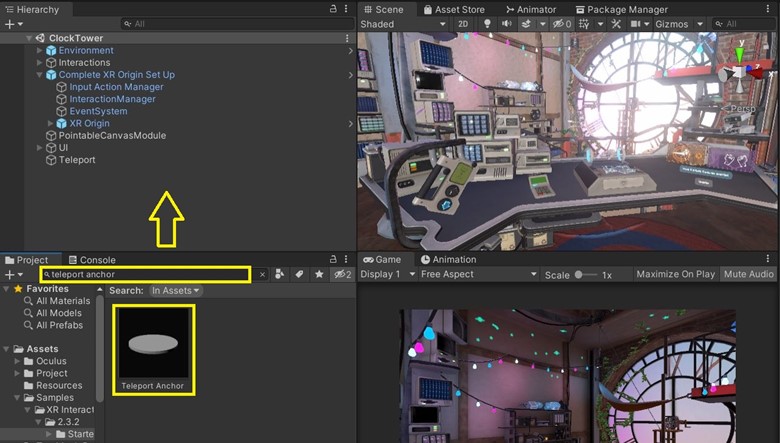 Screenshot of adding teleport anchor prefab from the project window to the scene.