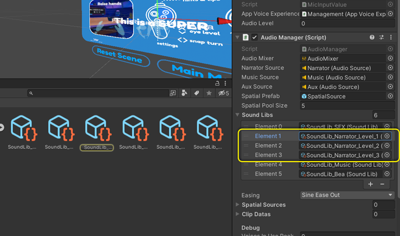 Unity inspector showing the AudioManager script in Whisperer. In it, Element 1, which is the narrator's SoundLib for Level 1 is selected in the section called "Sound Libs". The corresponding SoundLib asset is highlighted in the project window.