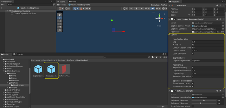 Unity inspector with the HeadLockedRenderer prefab selected. It shows the options that are specific to the headlocked positioning mode.