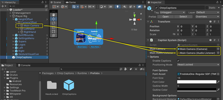 Unity editor showing the Main Camera object under the Loader scene with the path "Player Rig > HeightOffset > CameraOffset > Main Camera" in the hierarchy. This object is assigned to the Main Camera and Main Audio Listener fields in the CaptionSystem script.
