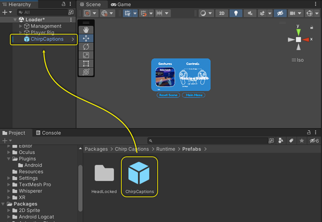 Unity's project window showing the ChirpCaptions prefab. The prefab is located under the path "Packages > Chirp Captions > Runtime > Prefabs"