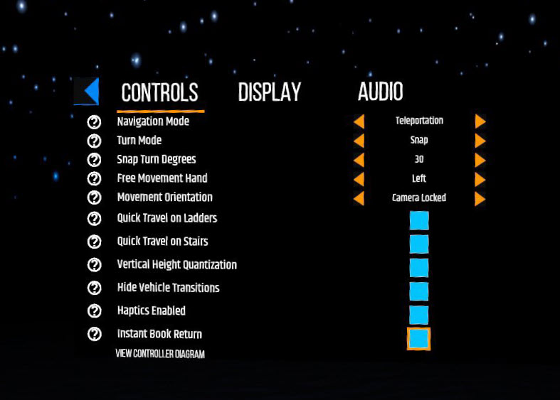 Controls options and their selected settings including navigation, turn, snap turn, free movement hand, movement orientation, quickly travel on ladders and stairs, vertical height quantization, hide vehicle transitions, haptics, instant book return, view controller diagram