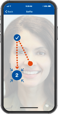 Phone with a person's face taking a selfie showing red dots from the big red dot to a blue check mark. Then another set of dots from the blue check mark to point 2.