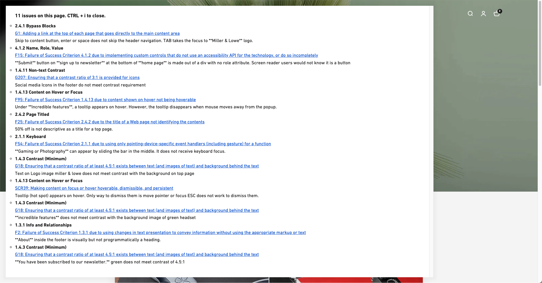 List of issues on a embedded on a particular page of the reference site