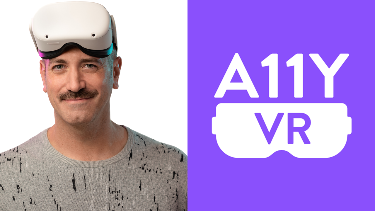 Thomas Logan who wears a headset on his forehead. He has fair skin, brown mustache, and a grey sweater with abstract lines next to A11y over a headset with VR