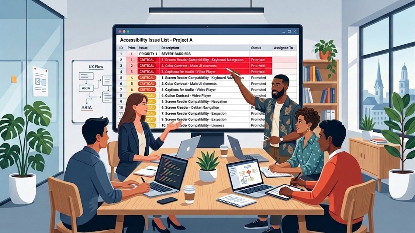Product team reviews the critical accessibility issues on a large screen in a conference room.